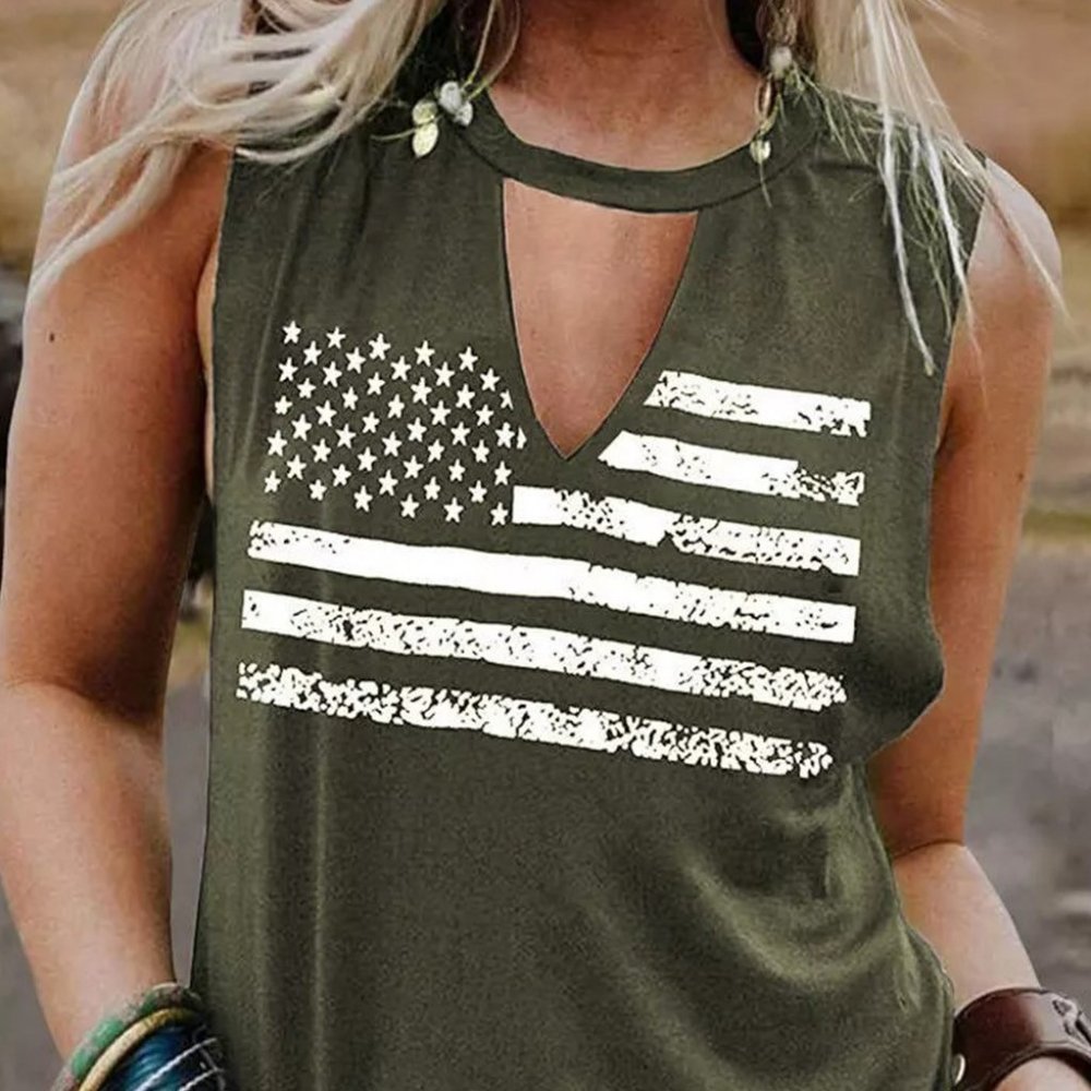 Green Cutout American Flag Print Tank Top
